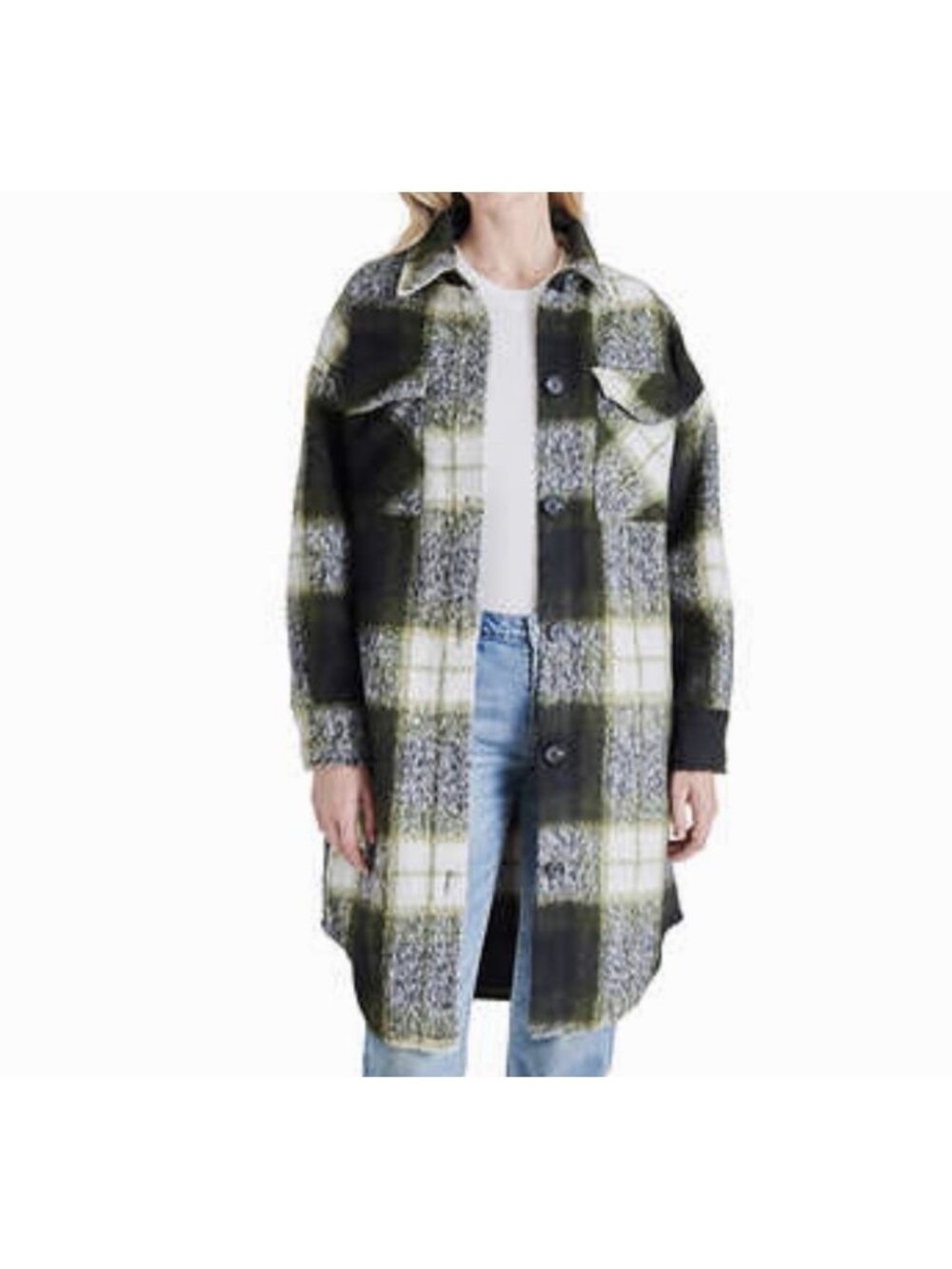 Steve Madden Chloe Shacket Womens Small Olive Green Plaid Long Shirt Jacket Fall